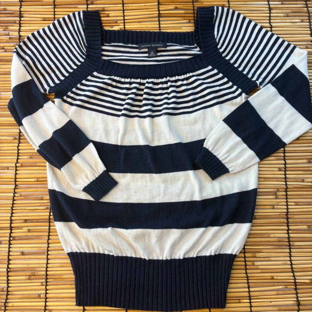 Banana Republic Navy White Striped Square Neck Silk Blend Sweater XS